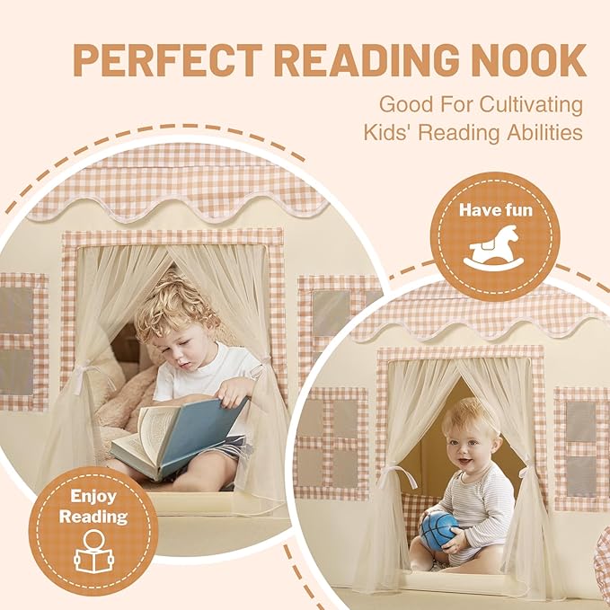 Kids Play Tent Indoor: with Brown Checkered, Mat, Rainbow Tissue Garland, Star Lights - Toddler Girl Tent Indoor Playhouse for Toddlers Kids Toys for Boy Girl Birthday Gift for Kids