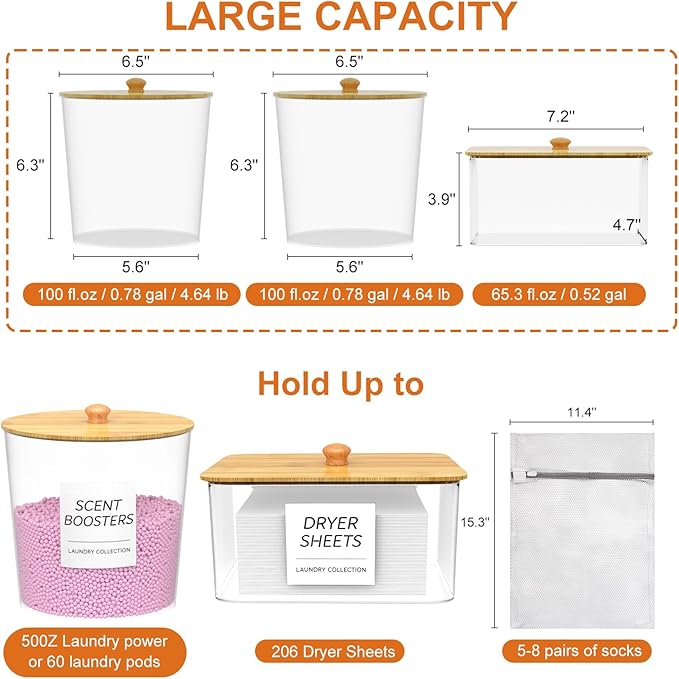3+3 Pack laundry room organization - Dryer Sheet Holder, Laundry Pods Container, Clear Laundry Detergent Dispenser with Scoops Labels and Mesh Laundry Bags