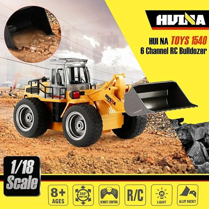 Remote Control Bulldozer Toy Truck, 1/18 Scale RC Metal Rc Front Loader 4WD Construction Vehicles for Boys Girls Kids with Rechargeable Two Battery 6+Year