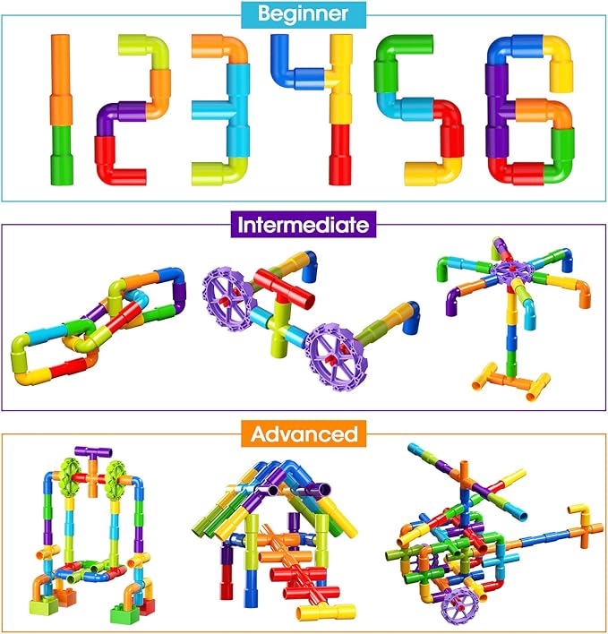 burgkidz STEM Learning Pipe Tube Construction Building Blocks, Sensory Toys with Wheels Baseplate for All Ages Kids Boys Girls, 188 Pcs
