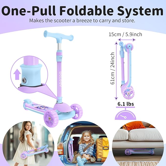 BELEEV A9 Kids Scooter with LED Light-Up Wheels & Deck, 3 Wheel Folding Scooter for Toddlers Girls Boys Ages 3-12, Adjustable Handlebar, Lean to Steer, Extra-Wide Wheels, Kick Scooter for Children