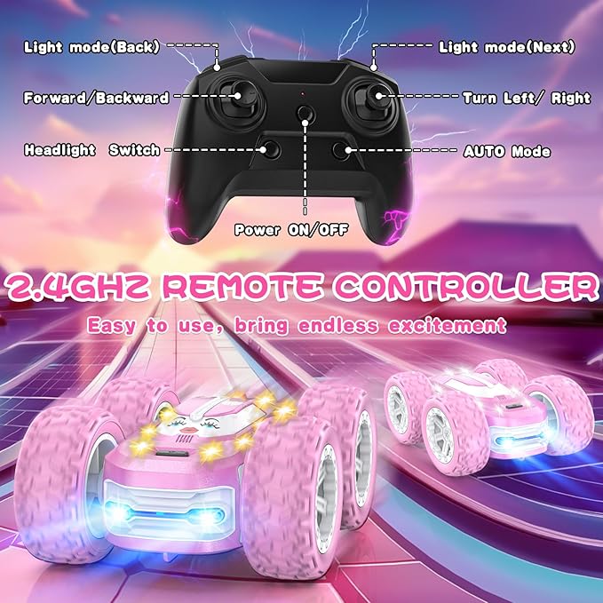 Pink Remote Control Car for Girls, RC Cars for Kids with DIY Sticker & Colorful Lights, 2.4Ghz Double Sided 360° Flips 4WD Stunt Car, Rechargeable Toy Cars for Girl Ages 4-6 5-7 6-8 8-12 Birthday Gift