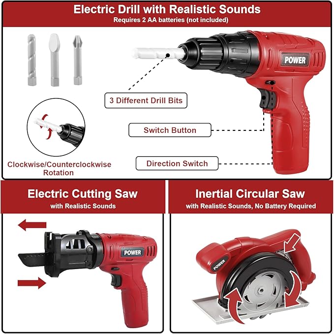 Vextronic Kids Tool Set 36 PCS with Toy Chainsaw Electronic Toy Drill with Sound and Light, Pretend Play Kids Tool Box Construction Toy, Great Toy Tool Set for Toddlers Boys Girls Ages 3+
