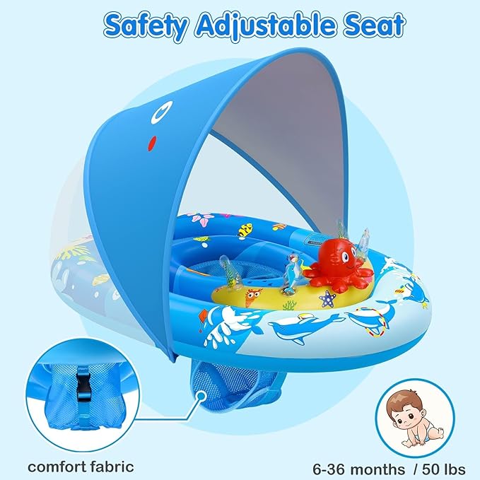 EZIGO Baby Pool Float with Canopy UPF50+ Sun Protection, Inflatable Kids Pool Floats with Ocean Animal Toys for Baby 6-36 Months, Infant Swimming Float with Adjustable Safety Seat for Boys Girls