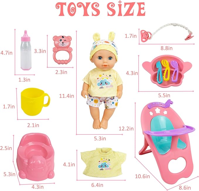 RedCrab Baby Doll Toys Set, Newborn Dolls PlaySet with High Chair Stroller Feeding,Tableware Set and Doll Clothes Accessories, 15+ pcs Toddler Pretend Play Gift Toys for Girls - 12" Dolls