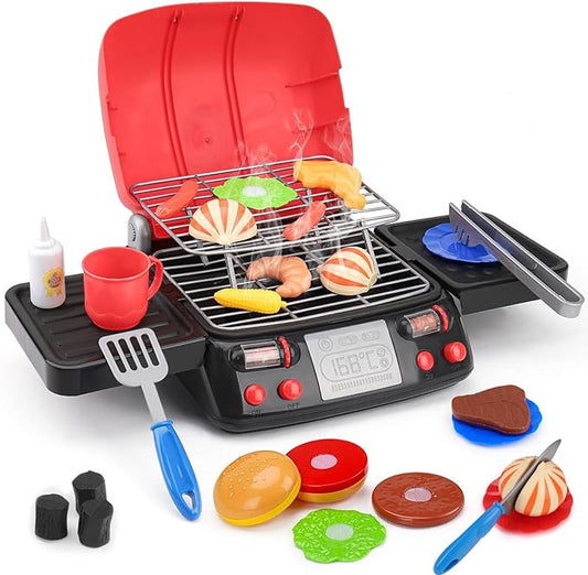 Kids Grill Playset Kitchen Toys with Apron Hat for Cooking Food Smoke Light Outdoor Pretend Play Accessories 3-5 4-8 BBQ Outside Camping Barbecue Toddler Boy Toy 3 4 5 6 Year Old Birthday Gift