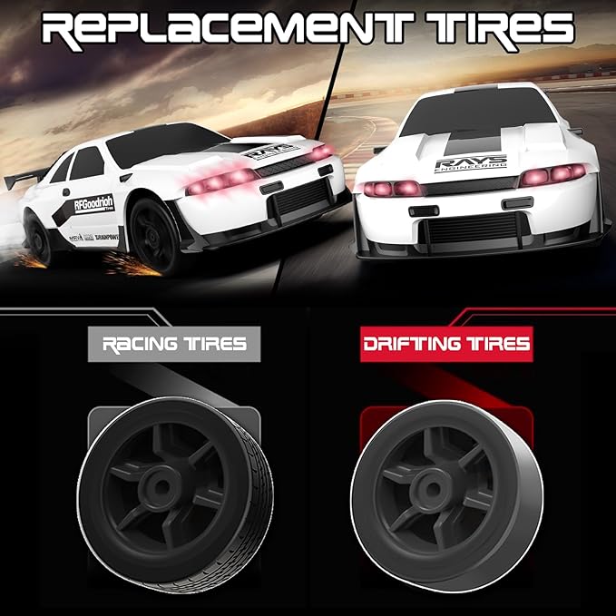 Remote Control Car, 1/24 Scale RC Drift Car, 4WD 15KM/H High Speed RC Cars, Racing Sport Toy Car with LED Lights, Racing Tire, Birthday for Kids Boys Girls, Rechargeable Battery