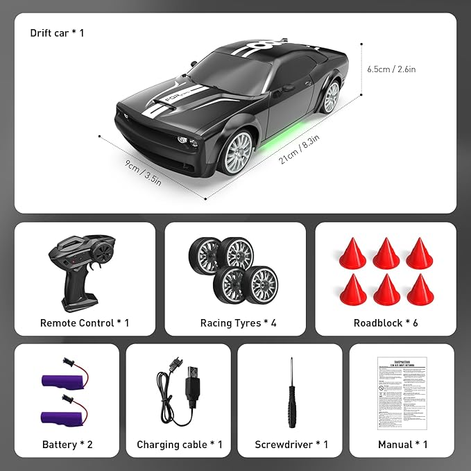 Remote Control Car RC Drift Car 2.4GHz 1:20 Scale 4WD 20KM/H High Speed Remote Control Cars Vehicle with LED Lights Drifting Tire 2Pcs Rechargeable Batteries Toy Cars for Adults Boys Girls (Black)