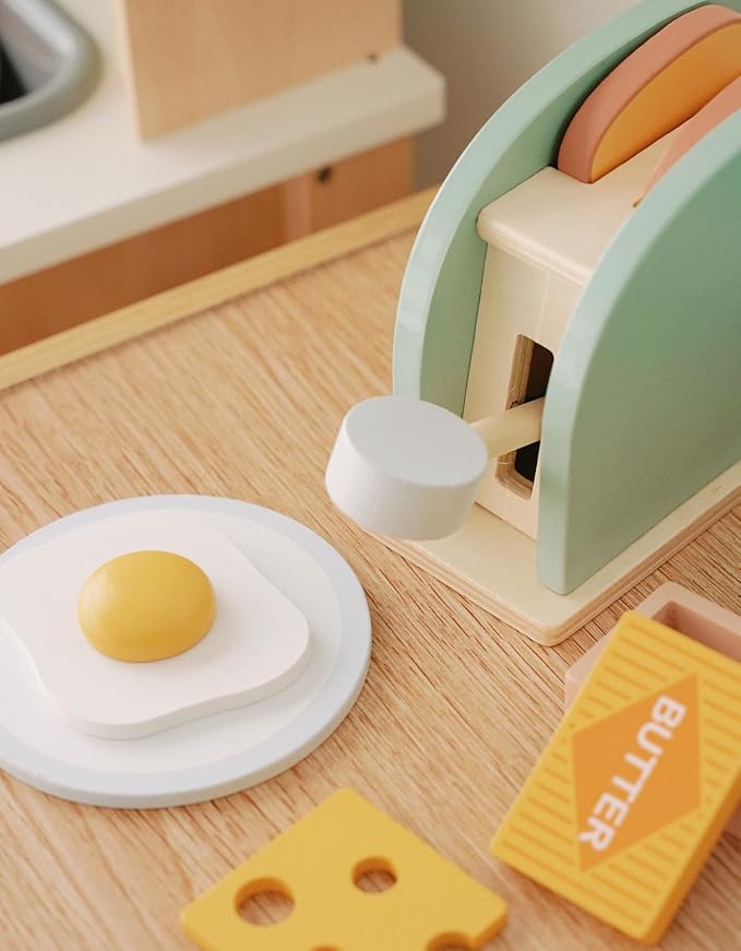 Wooden Pop Up Toaster Toys Play Set for Kids, Bread Maker Toy, Montessori Pretend Play Food Kitchen Accessories for Toddler Girls and Boys (Bread Maker)