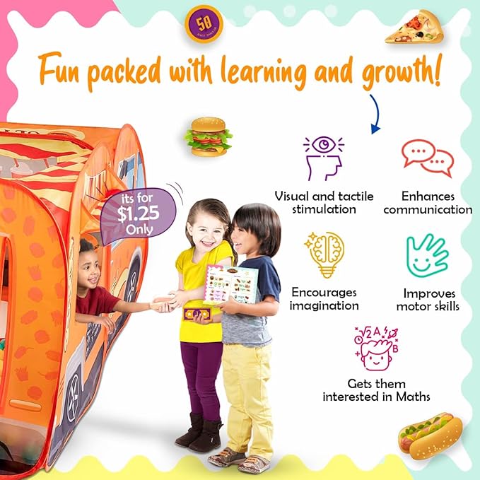 Kiddzery Food Truck Play Tent - 54 Pc. Food Set Pop Up Playhouse - Pretend Play Toys for Toddlers - Ball Pit Playset - Indoor & Outdoor Toy Tents for Kids - Trucks for Boys & Girls