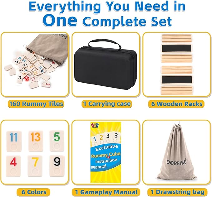 Premium Rummy Cube Game Set 6 Colors with 6 Wooden Racks & 160 Rummy Tiles | Travel & Family Board Game for Adults and Kids