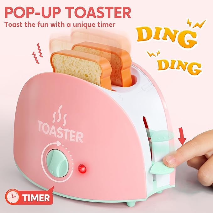 Joyin Play Kitchen Toys, Pretend and Play Food Kitchen Accessories GirlsToy with Coffee Maker, Mixer, Toaster with Realistic Lights& Sounds, Birthday Gift for Kids Ages 2 3 4 5, Pink