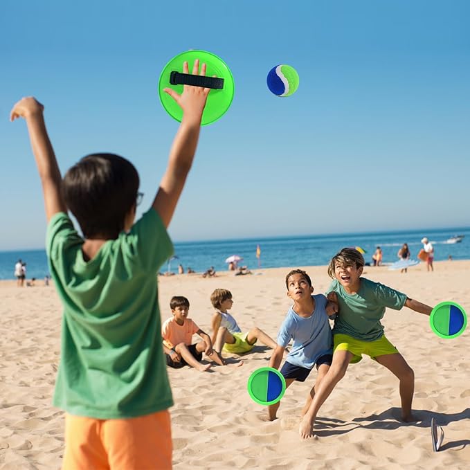 Toss and Catch Game Set - 2 Paddles, 2 Balls and 1 Storage Bag - Great Outdoor Toys/Gifts for Kids - Classic Beach and Yard Games (Blue and Green)