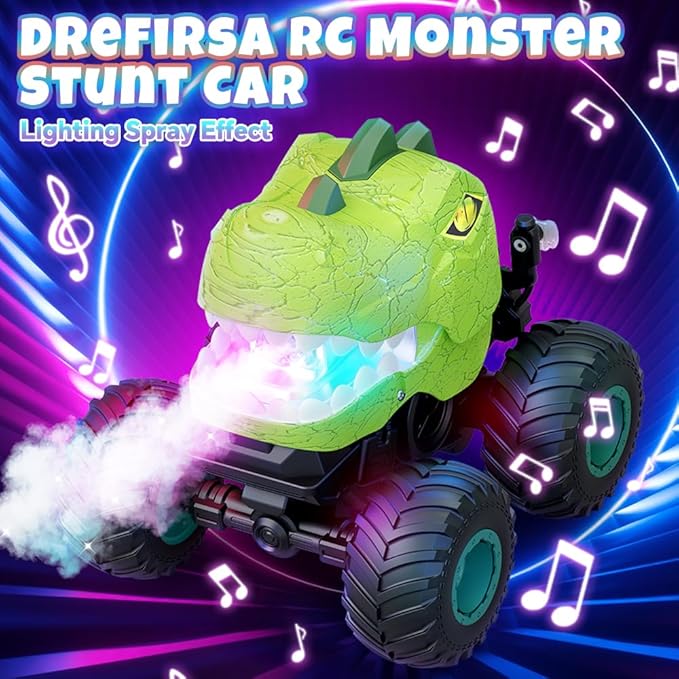 Remote Control Car for Boys 4-7 8-12, Dinosaur Monster Truck Toys with 50min+ Runtime, Spray, LED Light, 360° Rotating & 90° Driving, RC Stunt Car for Kids Birthday