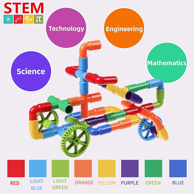 burgkidz 426 Pieces Toy Pipe, Creative STEM Tube Locks Construction with Wheels and Mini Baseplate, Interlocking Educational Sensory Kit, Preschool Learning Toys for Boy and Girls Ages 3+