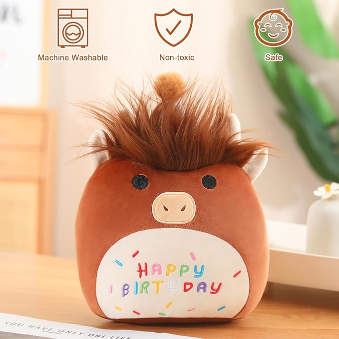 SQEQE Happy Birthday Highland Cow Plush Cute Cow Stuffed Animal Toy Brown Cow Plushies Doll Home Decor for Kids Girls Boys(Cow, 10 Inch)