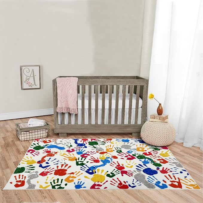 Colorful Handprints and Footprints Kids Rug Play Carpet, Washable Area Rug for Kids Bedroom, Non-Slip Play Mat Ultra Soft Thick Indoor Plush Rugs for Playroom Classroom Nursery Decor