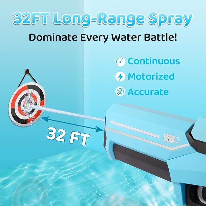 Electric Water Gun with Auto-Suction, 32FT High-Power Spray & IPX7 Waterproof Nozzle