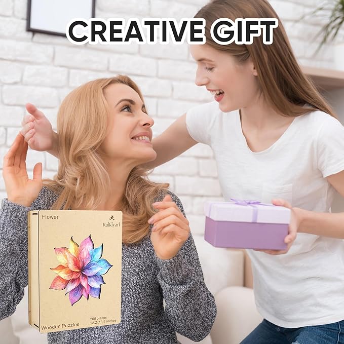 Colorful Flower 200 Pieces Wooden Jigsaw Puzzles for Adults with Unique Irregular Shape Fun Challenging Puzzles for Kids and Couples on Birthday, Father's Day, Christmas 13"*13"
