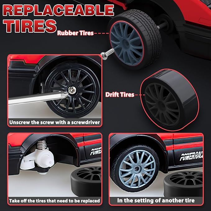 RC Drift Car, 1:24 Remote Control High Speed Race Drifting Cars, 2.4GHz 4WD Electric Sport Racing Hobby Toy Car with Two Batteries Headlight for Boys and Girls Teens and Adults (Red)