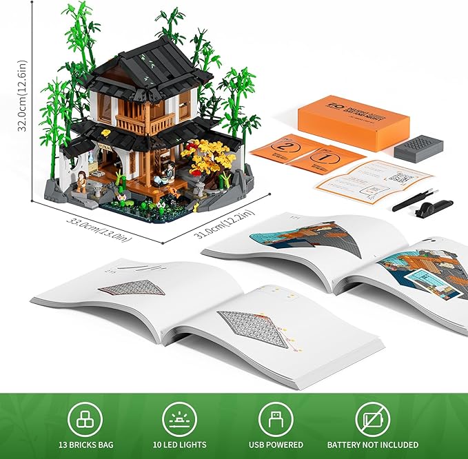 Bamboo-House Lighting Building-Bricks Set - Retro Chinese Bamboo Cabin and Treehouse Collection LED Light Set 2432 Pcs for Adults and Retro House Building Collectors