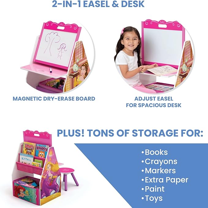 Delta Children Activity Center with Easel Desk, Stool and Toy Organizer, Disney Princess