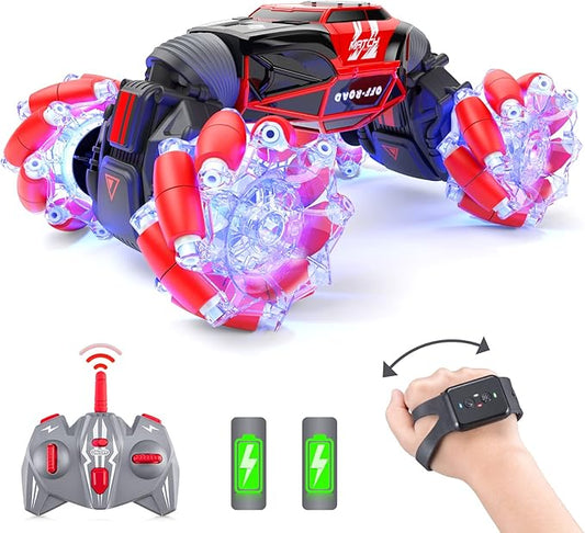 Powerextra Remote Control Car, 4WD 2.4GHz Gesture Sensing Rc Stunt Car, Double Sided 360°Rotating Off Road Car with LED Light & Music, Toy Cars for 6-12 Year Old Boys & Girls - Red