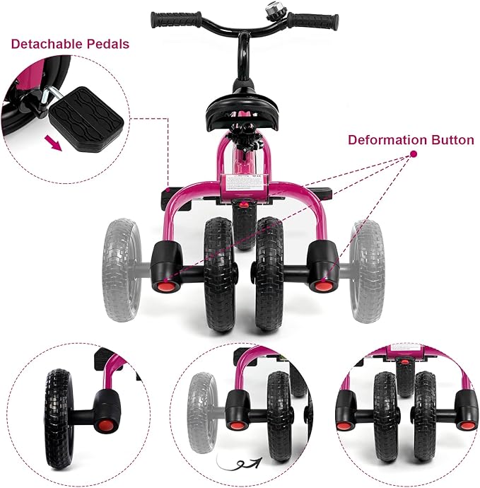XPIY Tricycle for Toddlers Age 2-5 Years Old, 3 in 1 Folding Toddler Bike for Boys and Girls, Kids' Bike Trike with Detachable Pedal and Adjustable Seat (Pink)