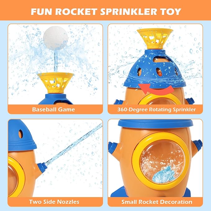 Rocket Water Sprinkler Baseball Toy, EKKBHKI 360° Rotating Water Toys for Kids Ages 4-8, Summer Water Toys for Boys and Girls, Kids Sprinkler for Yard & Lawn & Pool Party Game