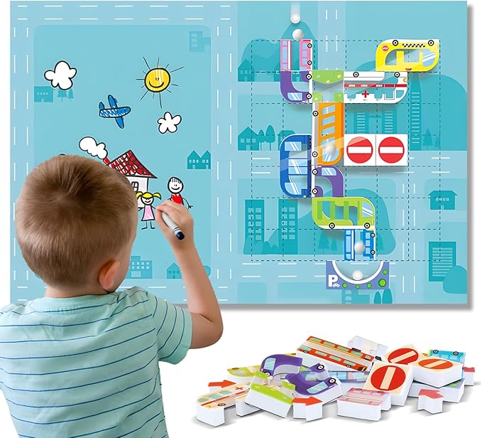 Marble Run for Kids, Vertical Magnetic Marble Maze Track with Doodle Board & Residue-Free Nano-Adhesive, STEM Explorers Brain Teaser Toy for Boys Girls Ages 3-12, Creative Thinking Games Gifts