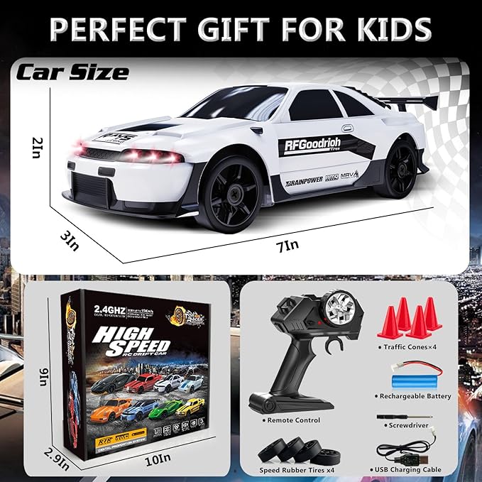 RC Drift Car 1:24 Remote Control Car 4WD 15KM/H High Speed Racing Sport Car with LED Lights RC Cars Toy Cars for Kids Boys Girls Adults Gifts Birthday Christmas Rechargeable Batteries