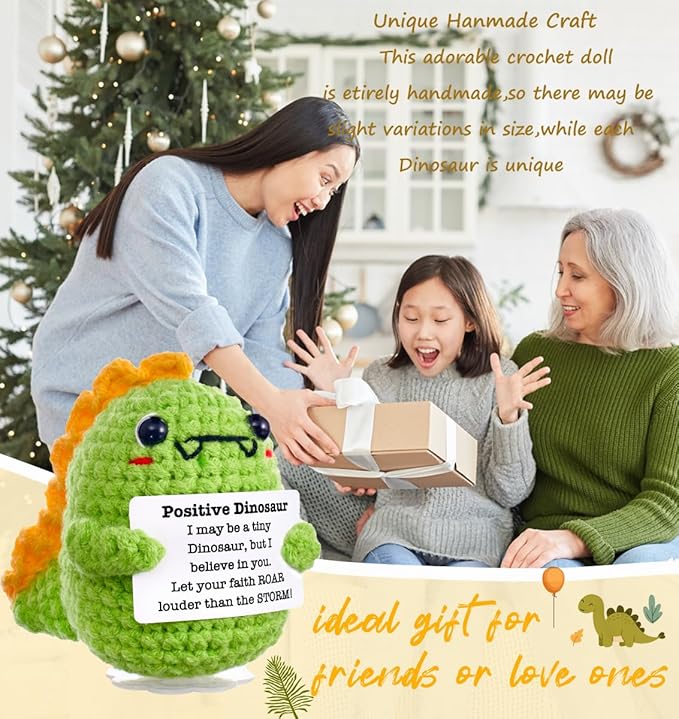 Funny Easter Basket Stuffers Positive Crochet Animals Dinosaur, Stress Relief Gifts for College Student Graduation Boyfriend Husband Women Birthday Desk Decor(Green Dinosaur)