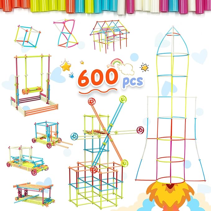 Straw Constructor STEM Building Toys Macaron 600Pcs Interlocking Gear Toy Sets for Kindergarten Classroom, Engineering Thin Tube Blocks for 3 4 5 6 7 Years Kids Toy for Boys and Girls Gift