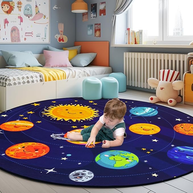 Round Space Rug for Kids Room Solar System Circle Rugs for Bedroom Kids Rugs for Playroom Boys Space Planet Theme Rug Living Room Dining Room Decor 40x40 inch
