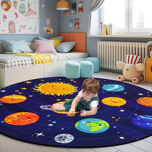 Round Space Rug for Kids Room Solar System Circle Rugs for Bedroom Kids Rugs for Playroom Boys Space Planet Theme Rug Living Room Dining Room Decor 40x40 inch