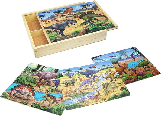 Wooden Puzzles for Kids Ages 4-8, Dinosaurs 4-in-1 Jigsaw Puzzles in a Wood Storage Box, 24 48 60 88 Pieces Dinosaur Puzzles Toys for Toddlers Kids Ages 3 4 5 6