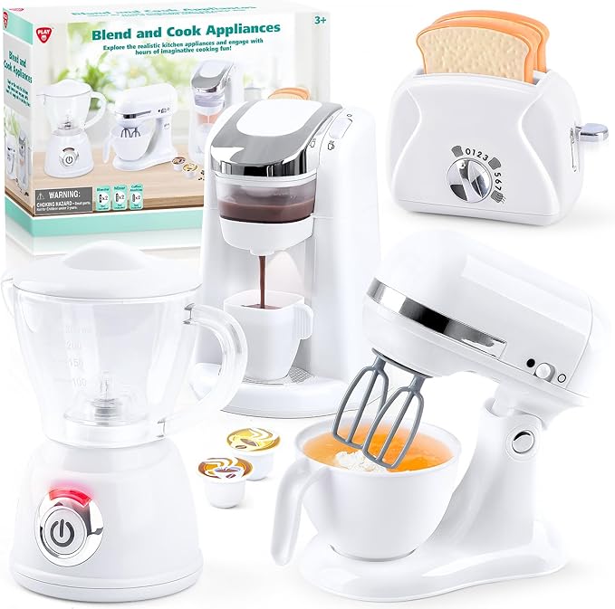 Kids Toy Kitchen Sets, Play Kitchen Accessories for Kids Ages 4-8 3-5, Kitchen Appliance Toys, Blender, Coffee Maker Machine, Mixer, Toaster, Pretend Play Toys for 4 Year Old Girls Toddlers, White