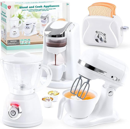 Kids Toy Kitchen Sets, Play Kitchen Accessories for Kids Ages 4-8 3-5, Kitchen Appliance Toys, Blender, Coffee Maker Machine, Mixer, Toaster, Pretend Play Toys for 4 Year Old Girls Toddlers, White