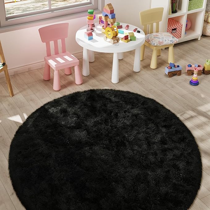 LOCHAS Luxury Round Fluffy Area Rugs for Bedroom Kids Girls Room Nursery, Super Soft Circle Rug, Cute Shaggy Carpet for Children Living Room, 5x5 Feet Black