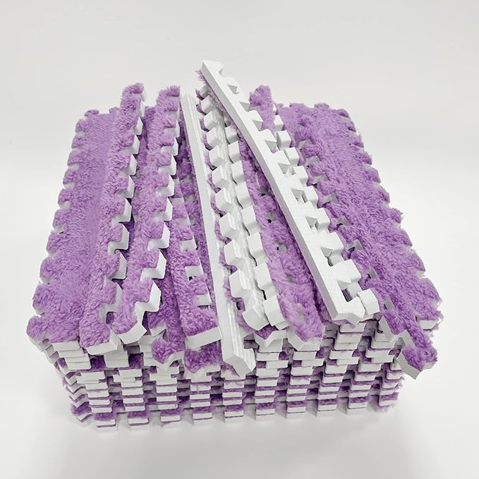 Interlocking Carpet Shaggy Soft EVA Foam Mats Fluffy Area Rugs Protective Floor Tiles Exercise Play Mat for Children Kids Room Home Parlor Bedroom (12 Pcs, Purple)