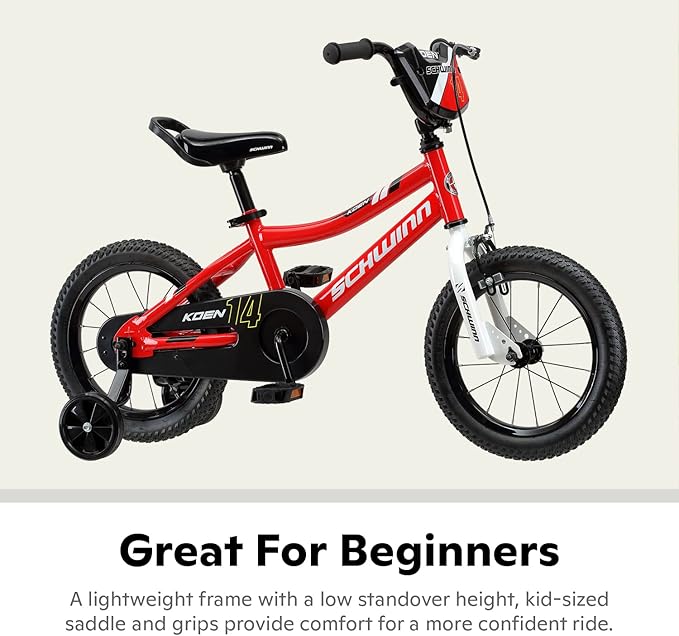 Schwinn Koen BMX Style Toddler and Kids Bike, For Girls and Boys, 14-Inch Wheels, With Saddle Handle, Training Wheels, Chain Guard, and Number Plate, Recommended Height 36-40 Inch, Red