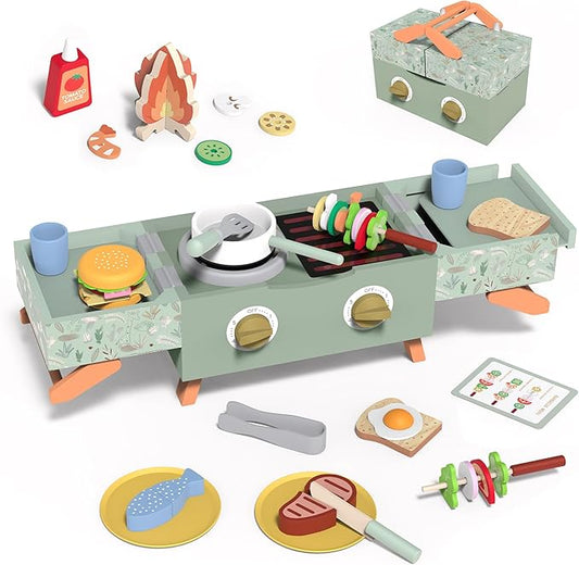 Wooden Kids Grill Playset, Barbecue Kitchen Toy Set for Kid Cooking, BBQ Grill Play Set with Sound Simulation Outdoor Camping Cooking Toys Birthday Gift for Boys Girls