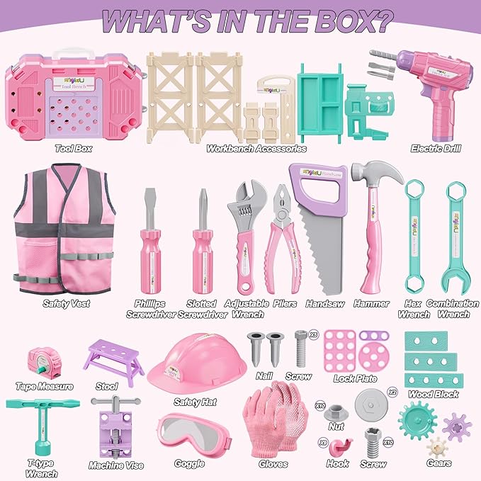 Kids Tool Bench Set,MAGIC4U 89PCS Toddler Tool Workbench with Electirc Drill 12 Tools Equipement,Safety Vest & Hat,Pretend Play Kids Construction Toys Gift for Girls Boys Age 3,4,5,6,7,8