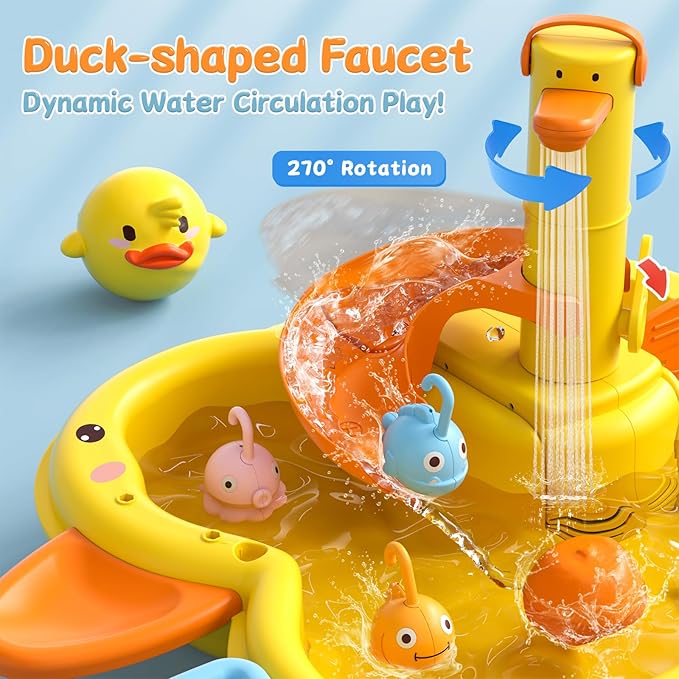 3-IN-1 Play Sink with Running Water, Kids Kitchen Sink Toys with Electric Duck Faucet, Pretend play kitchen accessories, play food, Water Slide Track, Pool Floating Fishing Game Gift Toy for BoysGirls