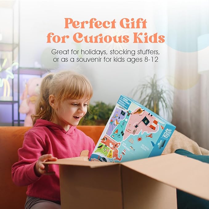 Geotoys New England Region Jigsaw Puzzle - 250 Piece Puzzle for Kids - Jigsaw Puzzles for Kids Ages 8-12 Years Old - Geography Puzzles with Colorful Landmarks, United States Flag and More