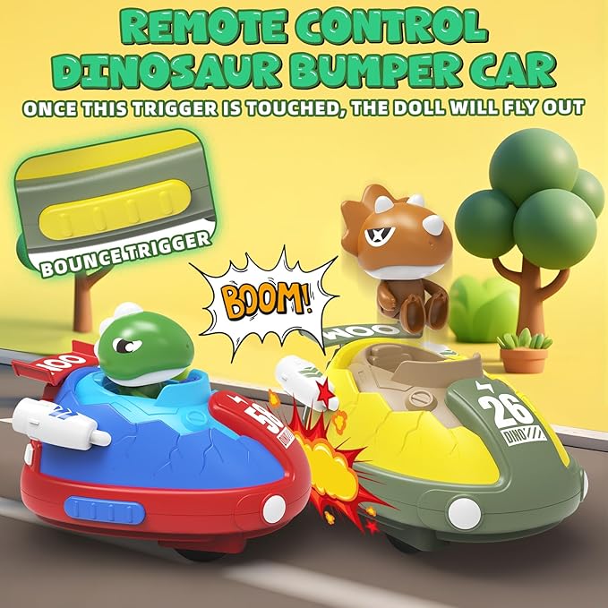 2 Pack Remote Control Car, RC Bumper Cars Toys for Toddlers with LED Light and Music, Dinosaur Figures Bump and Eject Toys RC Race Cars for Kids Boys Girls Gift
