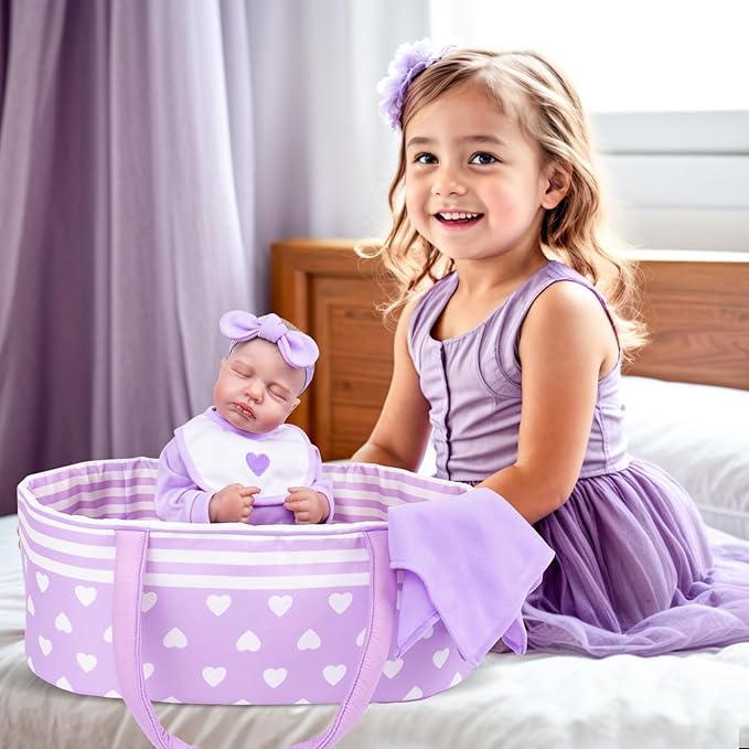 Aori 9 Pcs Reborn Baby Dolls Clothes with Bassinet for 17-22 Inch Baby Doll, Purple Carrier Bed and Baby Doll Clothes Accessories fit Newborn Girl Doll