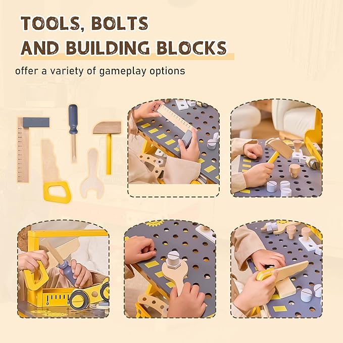 Kids Tool Bench with Sturdy Wood, Toddler Workbench with Realistic Toy Construction Set, Toy Tools Set and Multiple Ceative Pieces for 3-6 Year Old Boys and Girls, Yellow