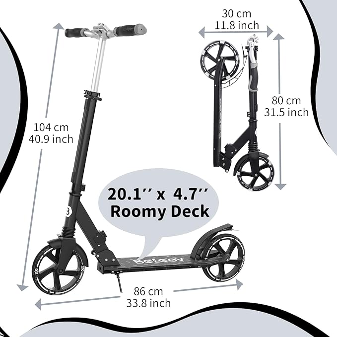 BELEEV V8 Scooters for Kids Ages 6+ with Light-Up Deck, 2 Wheel Folding Scooter for Adults Teens, 4 Adjustable Height, Lightweight Sport Commuter Scooter, Sturdy Frame, Max Load 220 lbs