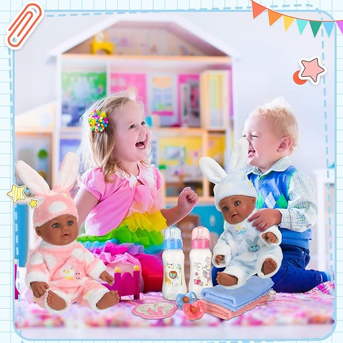 10 Pcs Realistic Twin Baby Dolls Toy Set Include 2 Pcs 12 Inch Baby Dolls, Feeding Set, Pacifiers, Doll Diapers, Bags, Milk Bottles Removable Outfit for Toddler Kids 6+ Gift(Black)